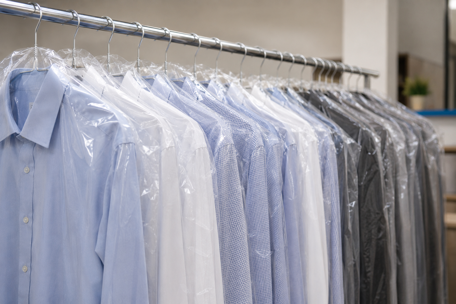 A row of freshly cleaned dress shirts and blouses covered in plastic hangs on a metal rack in a dry cleaning shop.