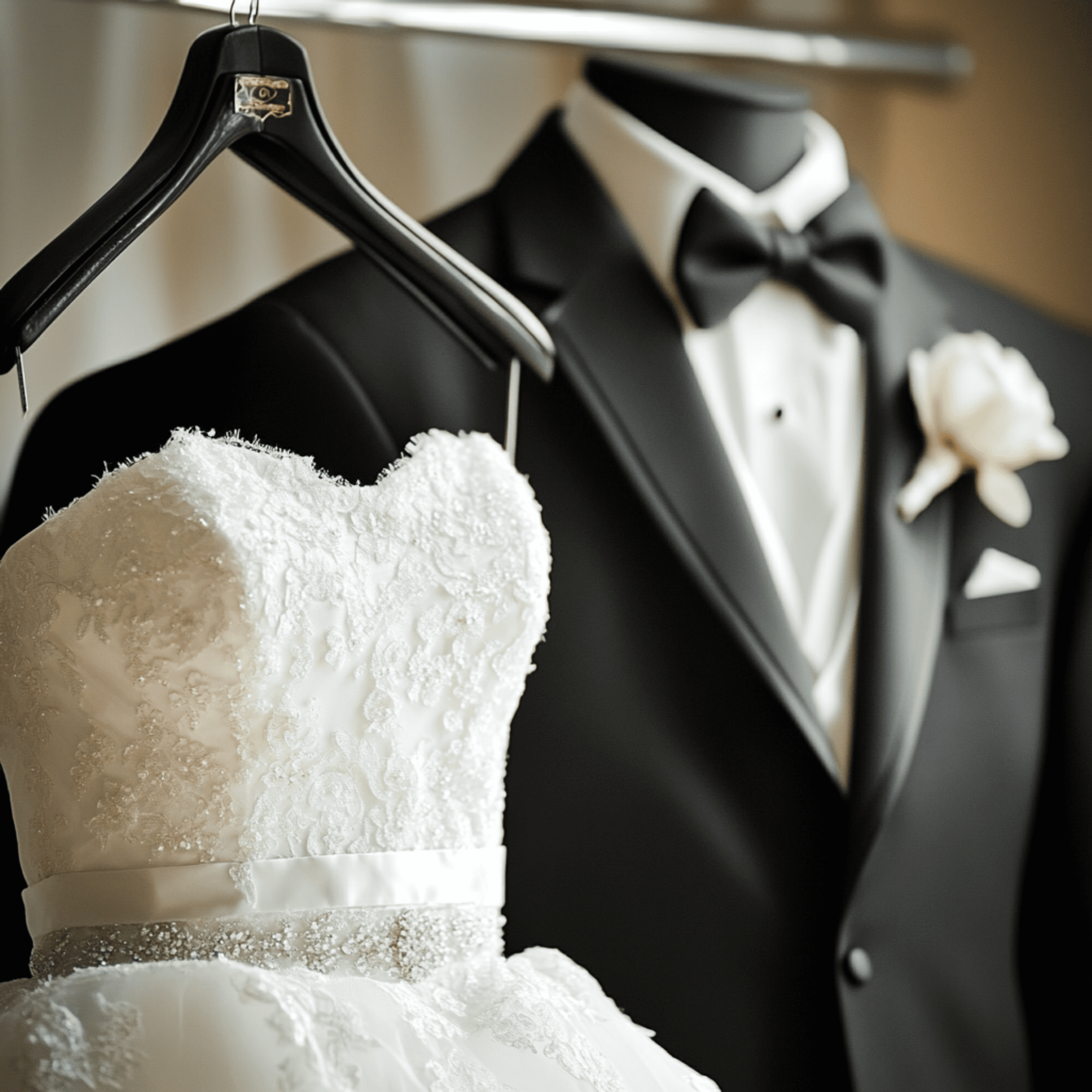 A white lace wedding dress on a hanger next to a black tuxedo with a bow tie and white rose boutonniere.