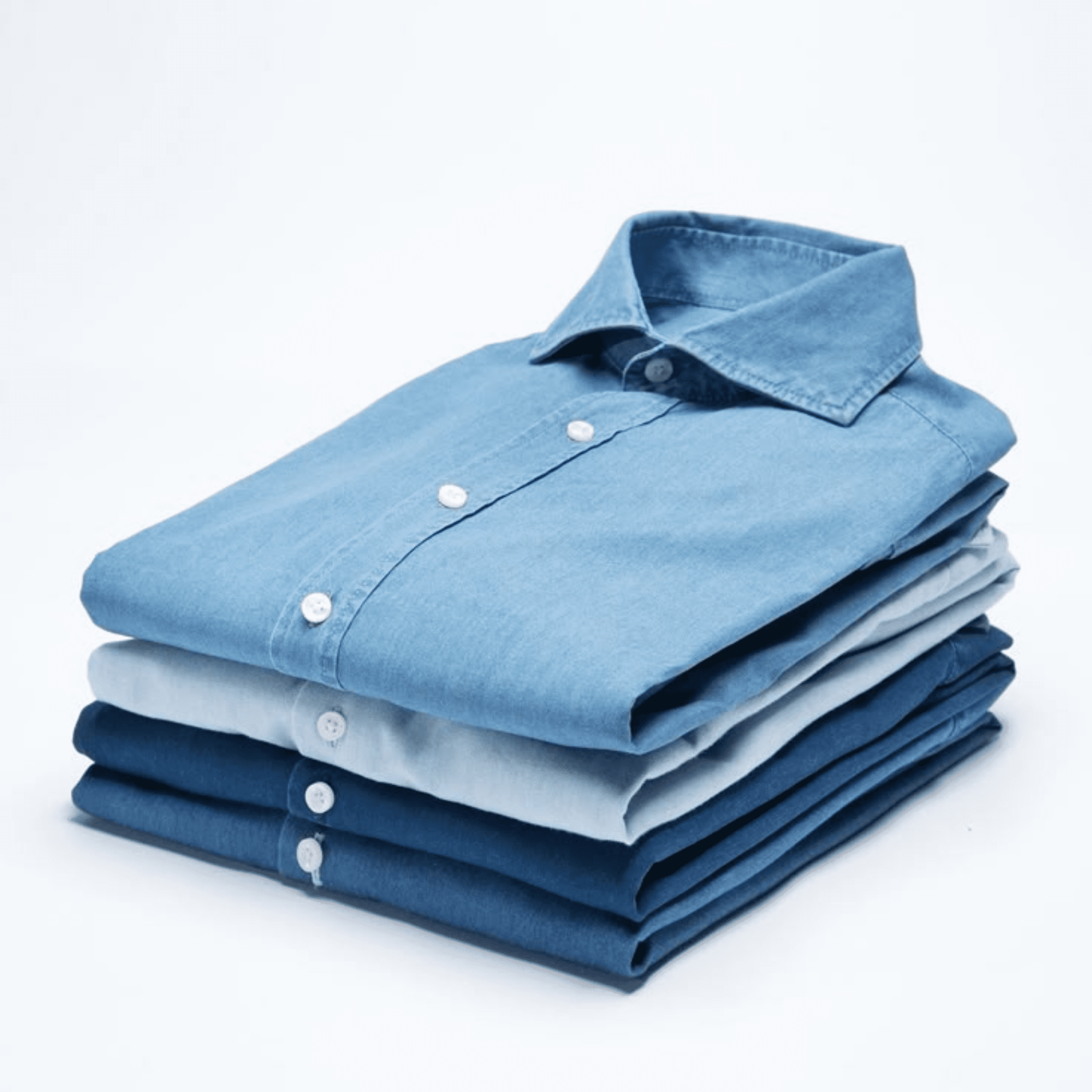 A neatly stacked pile of four blue button-up shirts in varying shades, arranged on a white background.