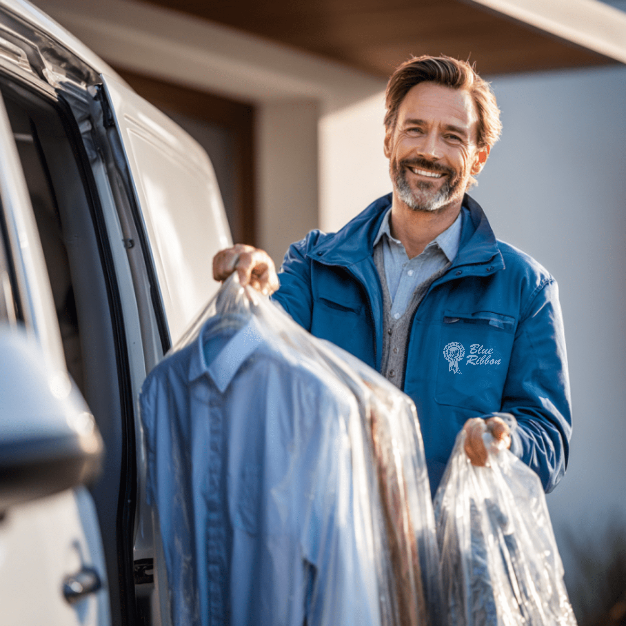 A man in a blue jacket holding freshly cleaned shirts in plastic covers stands by a van, appearing to deliver laundry.