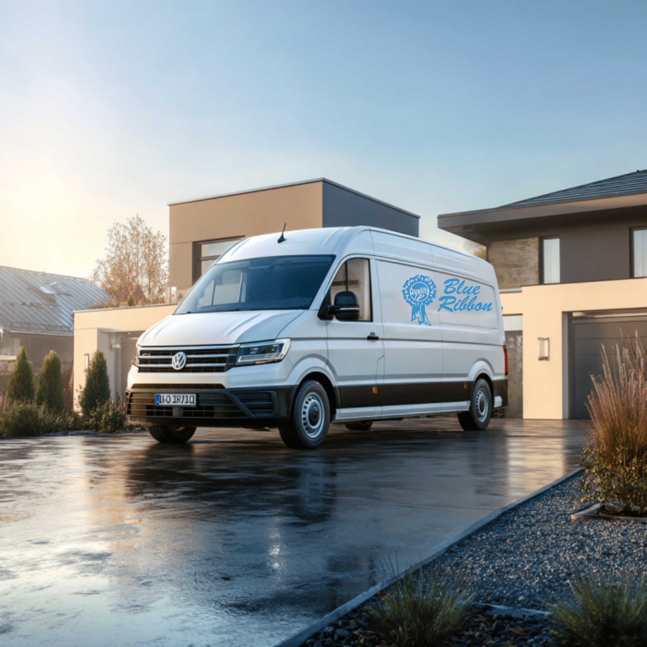 A white delivery van with a "Blue Ribbon" logo is parked on the driveway of a modern suburban house on a clear day.