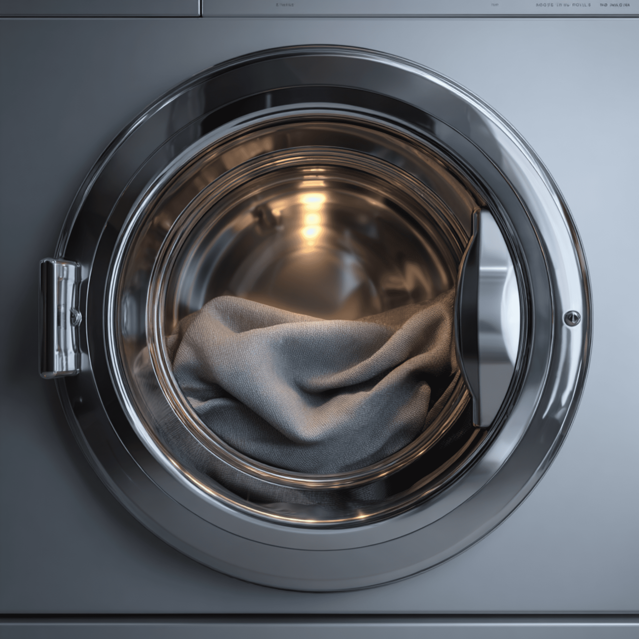 A front-loading washing machine with its door closed, containing a light gray piece of clothing inside the drum.