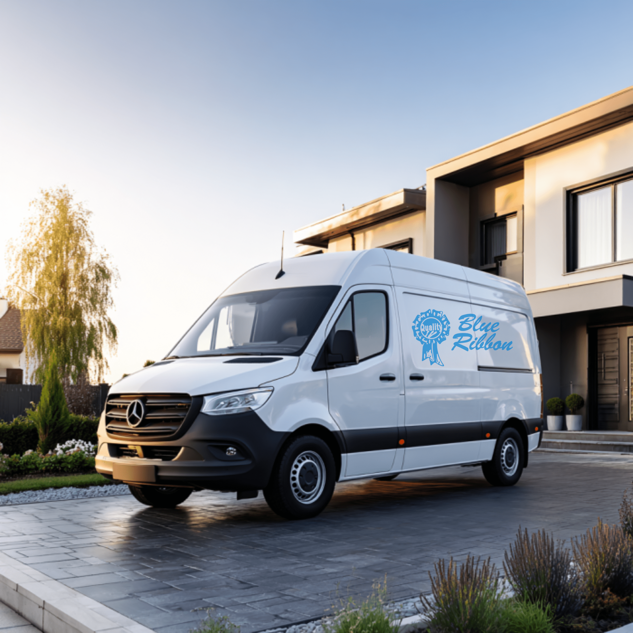 A white delivery van with a 