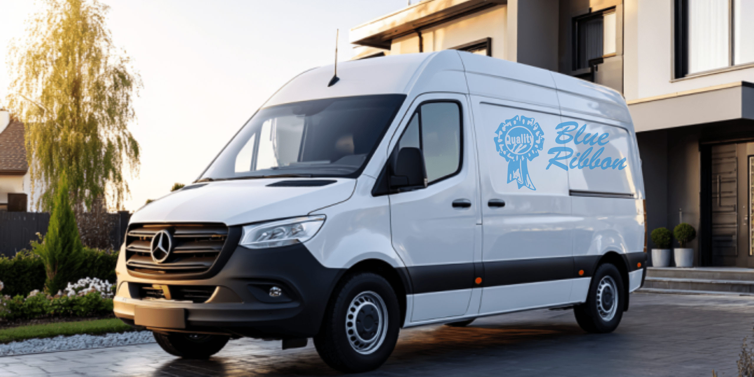 A white Mercedes-Benz delivery van with “Blue Ribbon” and a blue ribbon logo on the side parked in a residential driveway.