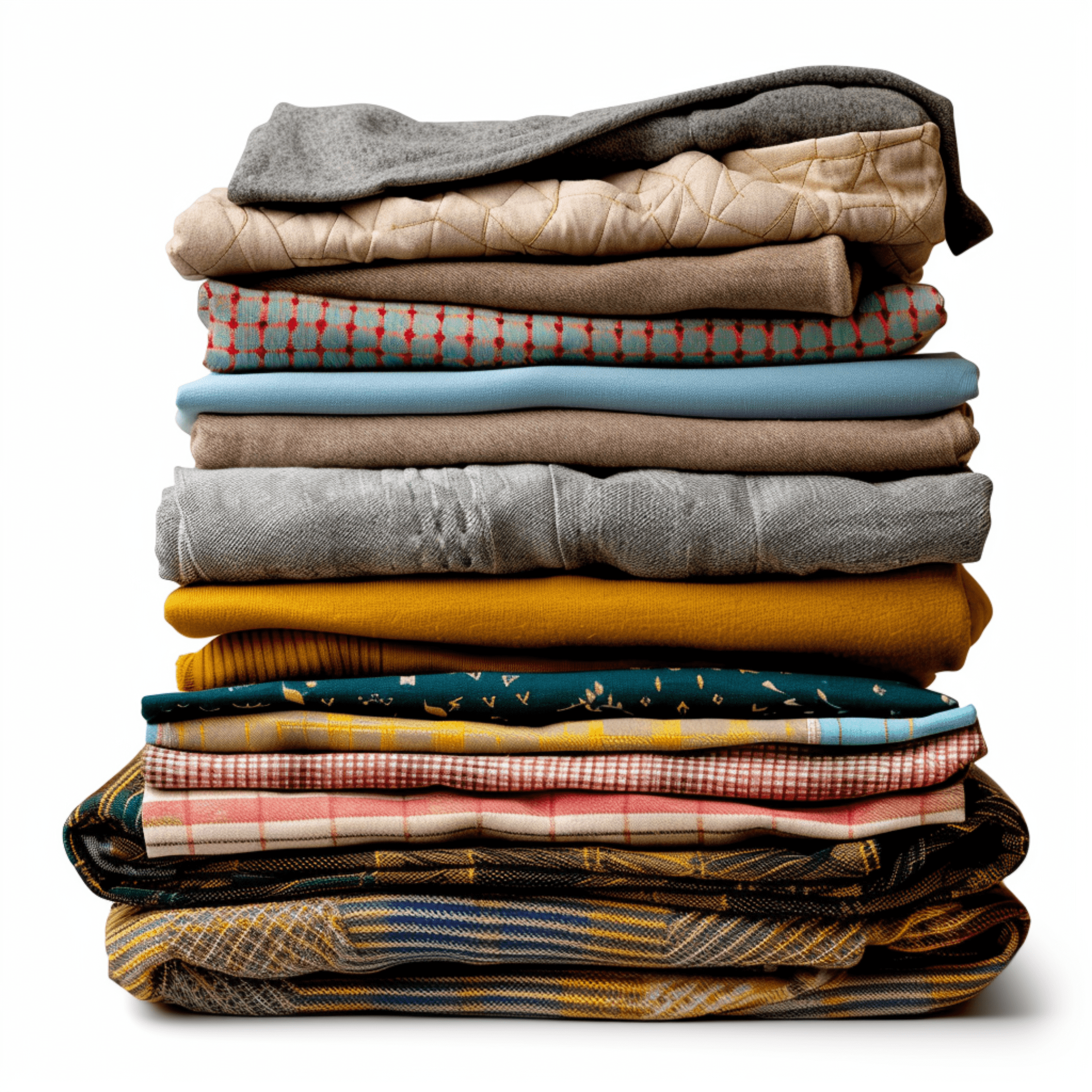 A neatly stacked pile of folded blankets and fabrics in various colors and patterns, arranged on a white background.