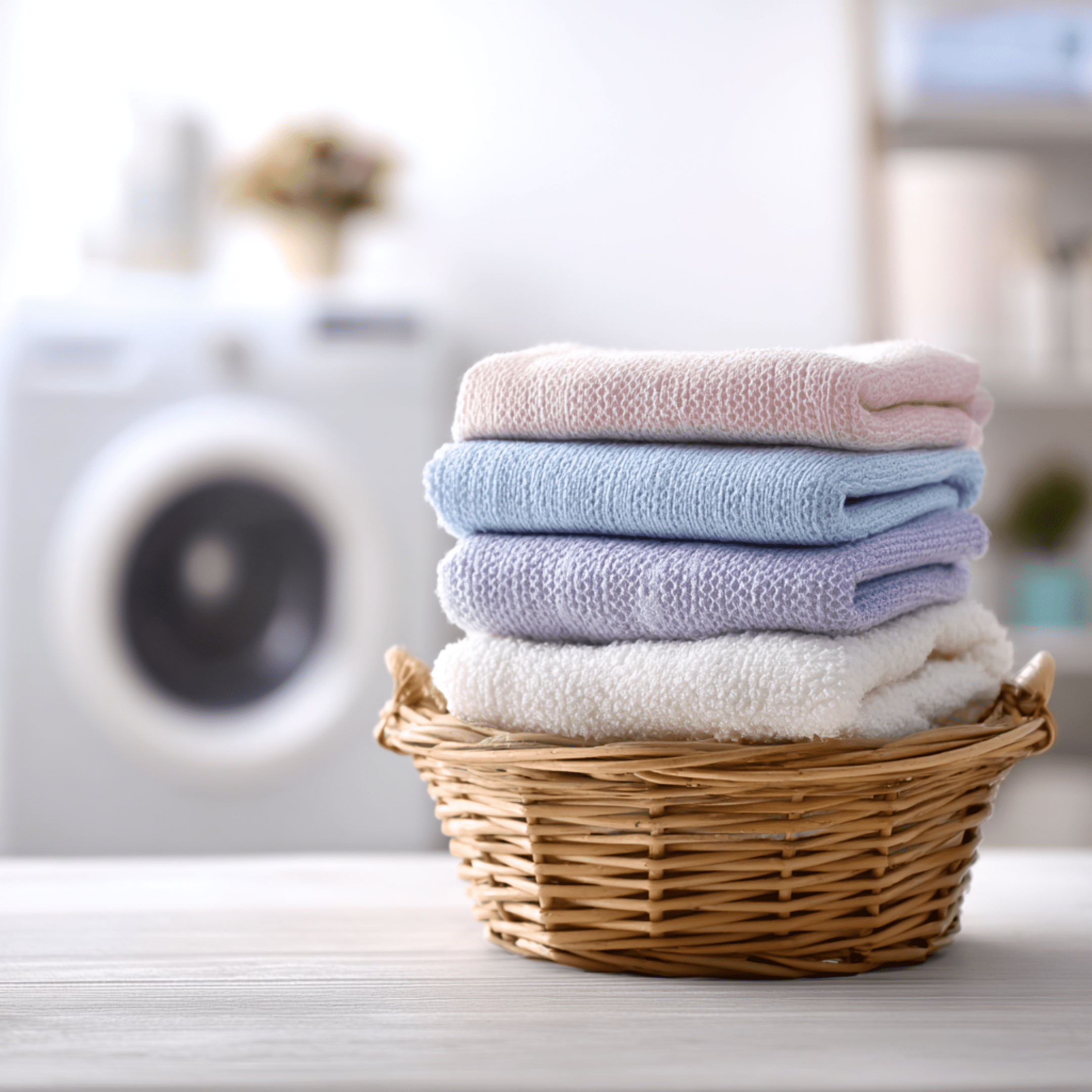 A wicker basket filled with neatly folded pastel-colored towels sits on a table, with a washing machine in the blurred background.
