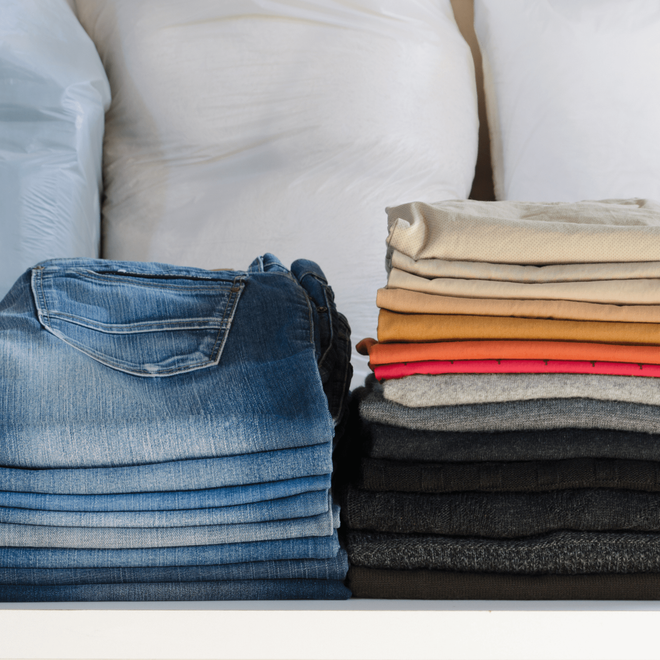 Two neat stacks of folded clothes: blue jeans on the left and assorted colored shirts or sweaters on the right, with large white bags in the background.
