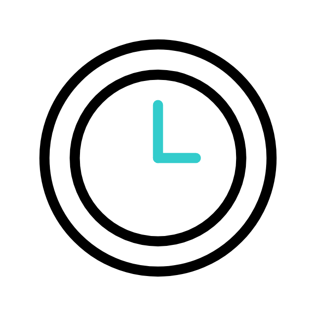 Simple black and white clock icon showing the time as 3 o'clock, with blue hour and minute hands.