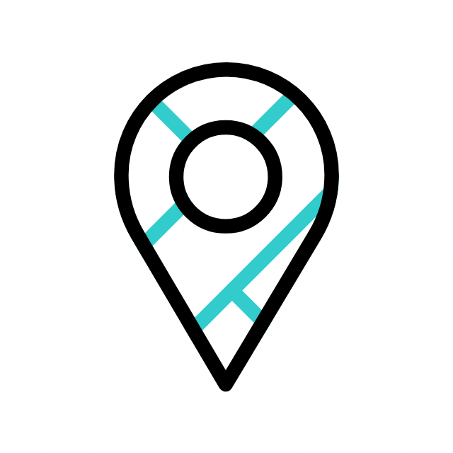 A black map pin icon with turquoise map lines inside, symbolizing location or navigation.