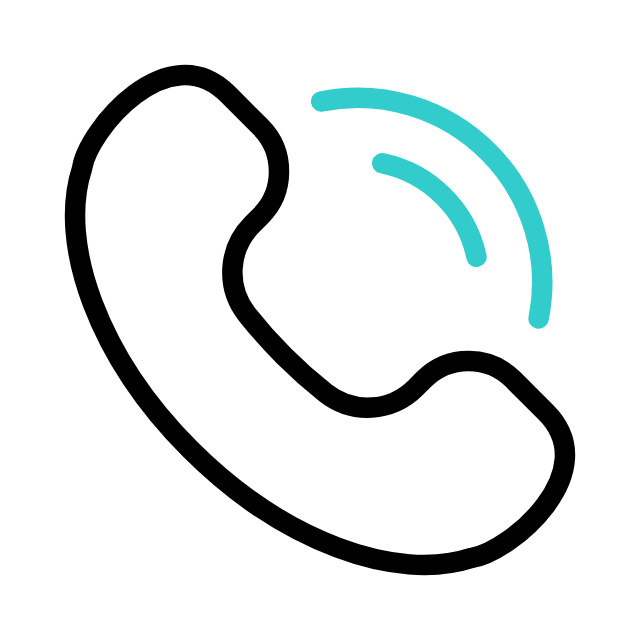 Black outlined phone handset with two blue curved lines indicating an incoming or outgoing call on a white background.