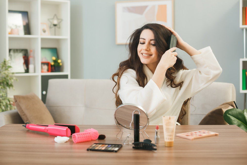 A woman in a white robe sits at a table, brushing her hair, with makeup, a mirror, and styling tools laid out in front of her.